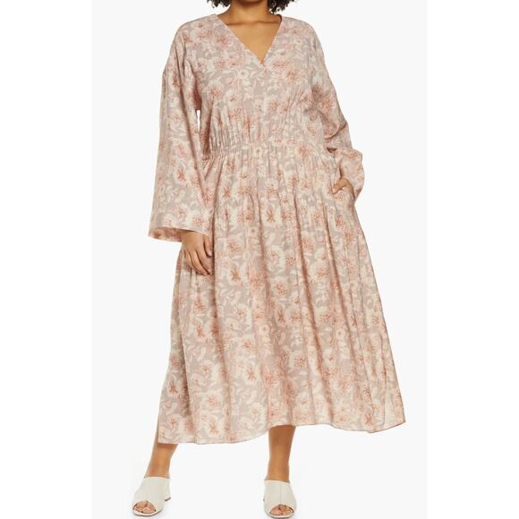 NEW Vince Dahlia Print Midi Dress Lotus Shell Womens Plus Size 3X Beige Cottage - Picture 1 of 2